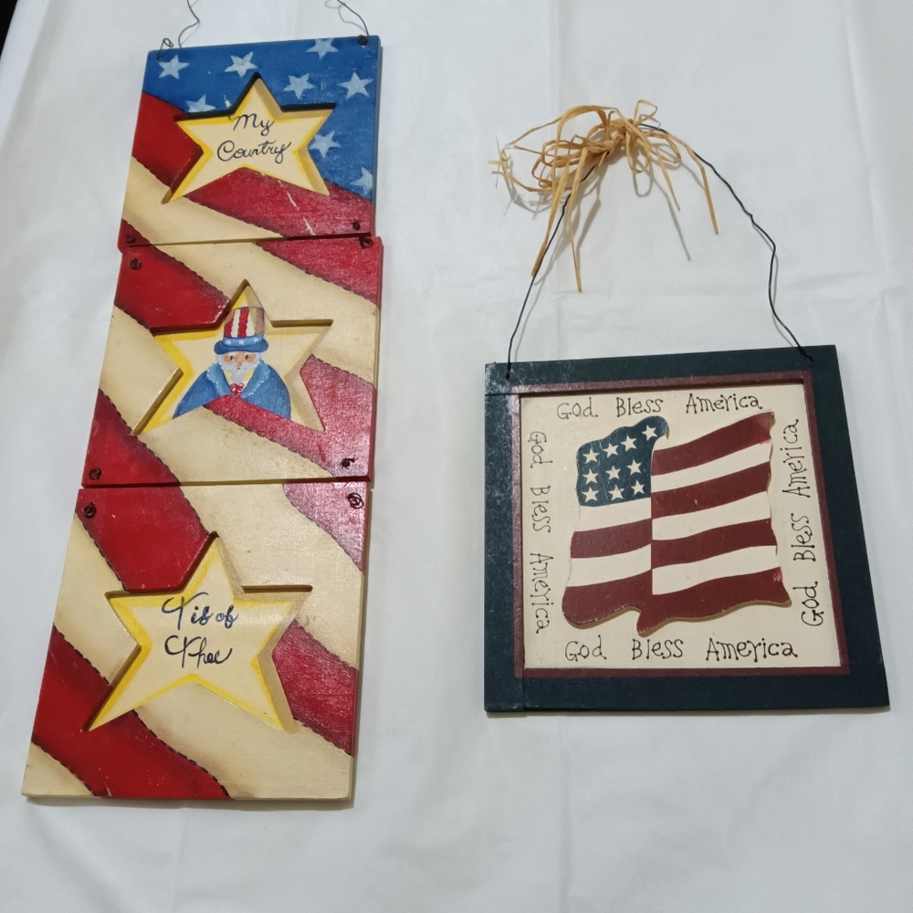 2 wooden 3D decorative American Flag wall hangings